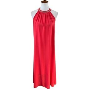 Kivenst Red Halter Maxi Dress Embellished Rhinestone Neckline Sleeveless 2577-1
